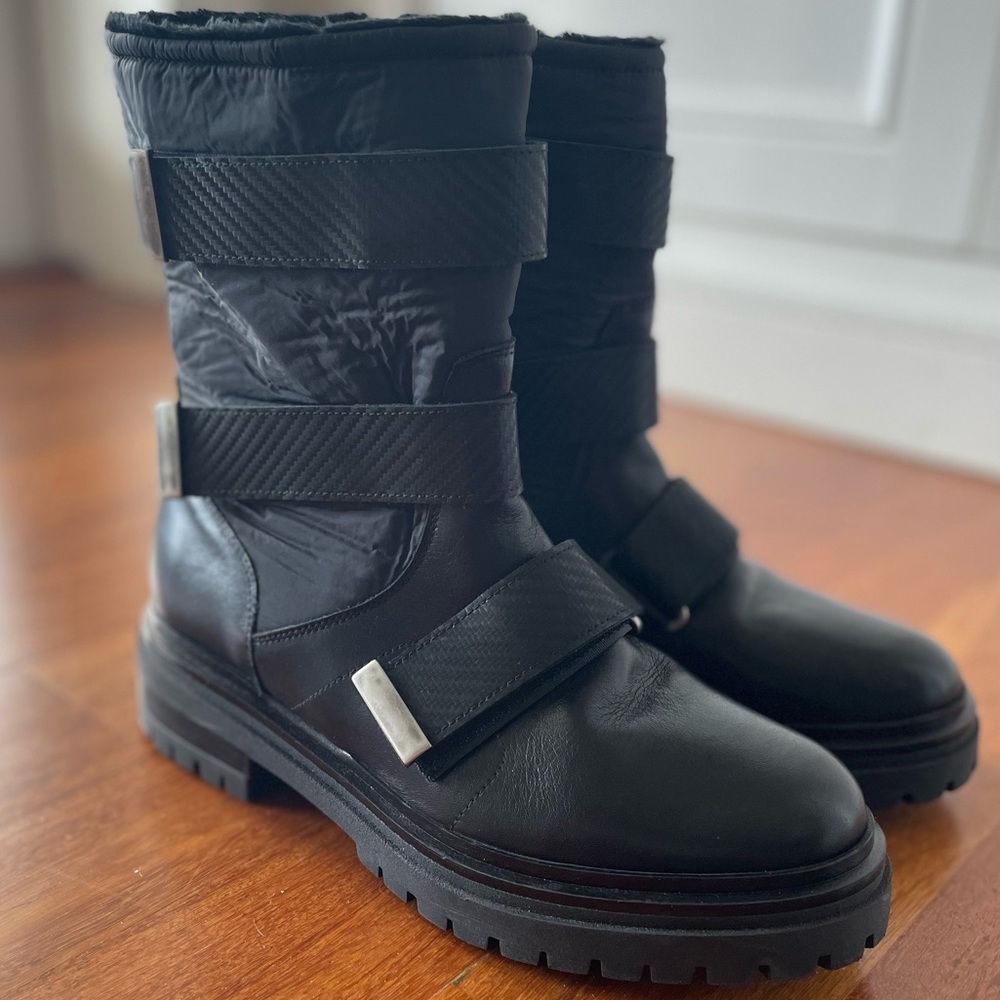 New MA&LO Italian Leather/Nilon Moto Boot Fur Lined Lug Sole Black Size 9 EU40